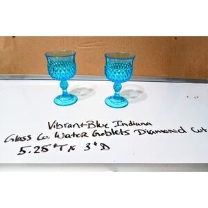 Vintage Indiana Glass Diamond Point Blue Wine Glass Goblets Set of 2